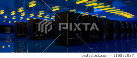 Server room data center. Backup, mining, hosting, mainframe, farm and computer rack with storage information. 3d render 116852087