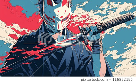 A man wearing an anime-style fox mask 116852195