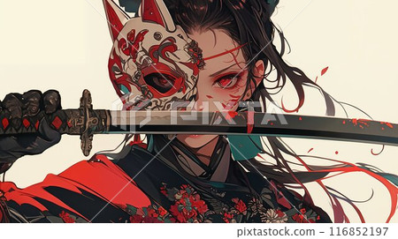 Woman wearing anime-style fox mask 116852197