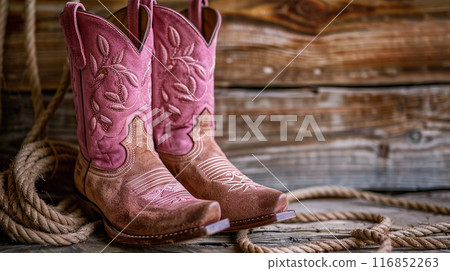 Fancy cowgirl boots with a cowboy hat and lasso rope background a wooden wall Fancy cowgirl boots with a cowboy hat and lasso rope background a wooden wall 116852263