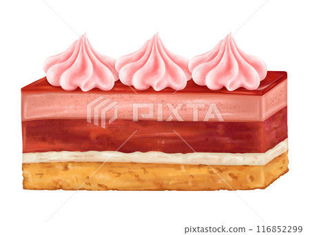 A square piece of berry cake with pink meringue in the form of roses. Mousse dessert with topping. Delicious sponge cake with cream. Homemade cakes for tea drinking. Digital isolated illustration 116852299