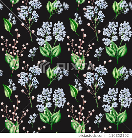 Seamless pattern of blue gypsophila twigs and green leaves. Romantic and beautiful digital illustration, repeating pattern. For decoration and design of invitations, date saving, greeting card 116852302