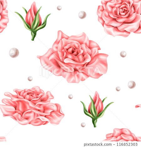Seamless pattern of vintage pastel pink rose buds and green leaves. Romantic and beautiful digital illustration, repeating pattern. For decoration, design of invitations, date saving, greeting card 116852303