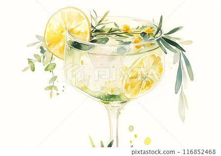 Ethereal watercolor of a refreshing herbal lemon cocktail, blending citrus hues and greenery 116852468