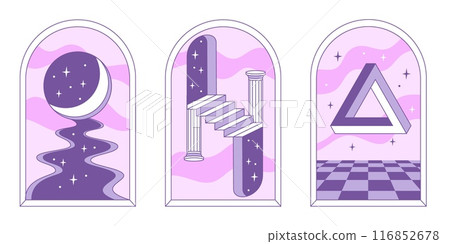 Surrealism poster set. Abstract shapes, moon light, stairs and geometric elements. Vector illustration in minimal style Surrealism poster set. Abstract shapes, moon light, stairs and geometric elements. Vector illustration in minimal style 116852678