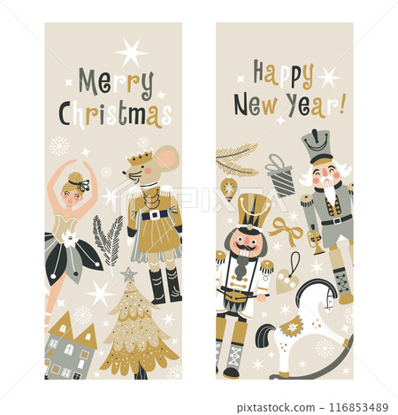 Happy New Year Nutcrackers Vector banners set on Light Background. Postcard. Childish rocking horses. Christmas illustration. Happy New Year Nutcrackers Vector banners set on Light Background. Postcard. Childish rocking horses. Christmas illustration. 116853489