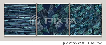 Seamless blue camouflage patterns. Abstract lines and shapes. Grunge texture. For apparel, fabric, textile, sport goods. 116853528