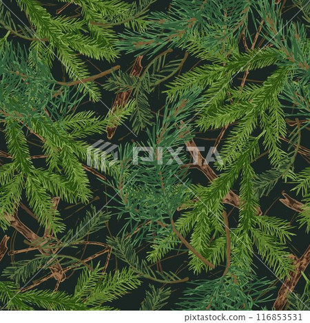 Seamless camouflage pattern with fir twigs with green needles, dry sticks. Forest nature elements. For apparel, fabric, textile, sport goods. Seamless camouflage pattern with fir twigs with green needles, dry sticks. Forest nature elements. For apparel, fabric, textile, sport goods. 116853531