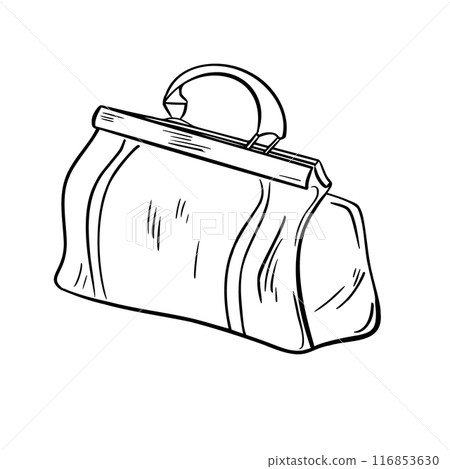 Leather carpetbag vintage style black and white vector illustration isolated. Retro handle bag silhouette drawn by ink . Gripsack contour. Suitcase in line art. Baggage in outline 116853630