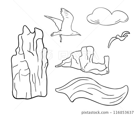 Marine set with seascape elements black and white vector illustration isolated. Rocks, wave and cloud with birds hand drawn ink. Contour objects of coastline. Simple outline marine drawing. 116853637