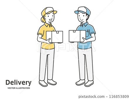 Male and female delivery workers carrying packages Male and female delivery workers carrying packages 116853809