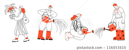 A group of people is joyfully gardening together, watering plants in a simple line art style A group of people is joyfully gardening together, watering plants in a simple line art style 116853810
