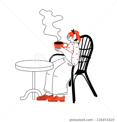 An illustration of a woman savoring a cup of coffee at a cafe with a minimalistic design style An illustration of a woman savoring a cup of coffee at a cafe with a minimalistic design style 116853829