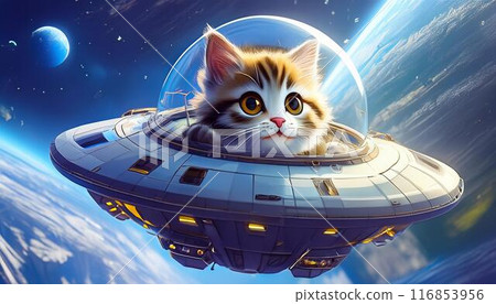 A cat takes off on a space trip aboard a UFO 116853956