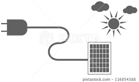 vector illustration of sun, clouds and solarcell generated clean energy. solar panel connected plug, Solar panels receive light from the sun. Alternative energy from sunlight. vector illustration of sun, clouds and solarcell generated clean energy. solar panel connected plug, Solar panels receive light from the sun. Alternative energy from sunlight. 116854388