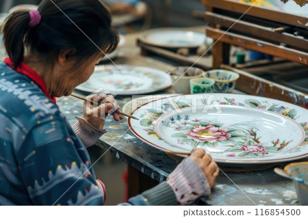 A skilled artisan meticulously hand-paints a beautiful floral design onto a ceramic plate 116854500