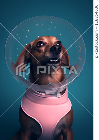 red short-haired dog in a transparent veterinary protective plastic collar and pink harness against a blue background after spaying or castration surgery red short-haired dog in a transparent veterinary protective plastic collar and pink harness against a blue background after spaying or castration surgery 116854636