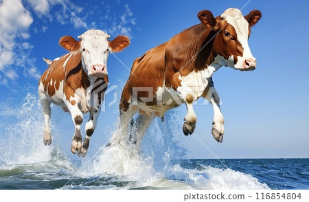 Two cows jumping out of the sea 116854804