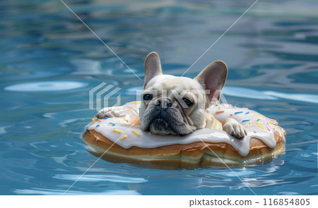 Donut swim ring and French bulldog 116854805
