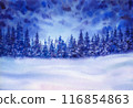 Winter wonderland night landscape.  Forest background. Watercolor illustration. 116854863