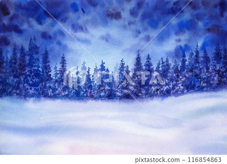 Winter wonderland night landscape.  Forest background. Watercolor illustration. 116854863