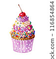 Sweet  cupcake with  cherry  on  the top, isolated on white. Watercolor illustration. 116854864