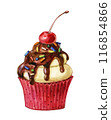 Sweet   chocolate cupcake with  cherry  on  the top, isolated on white. Watercolor illustration. 116854866