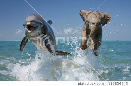Dolphin and baby elephant jumping out of the sea 116854945