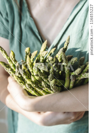 Asparagus. Vegan girl holding fresh asparagus. Juicy healthy farm asparagus, eco agriculture vegetables concept. 116855227