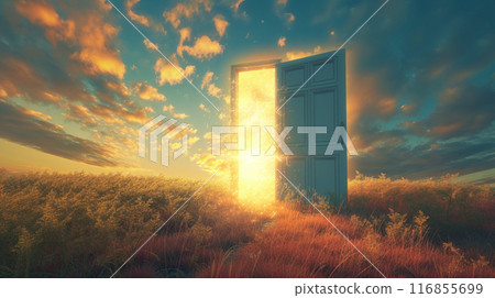 A Door In A Field With The Sun Shining Through It At Sunset 116855699
