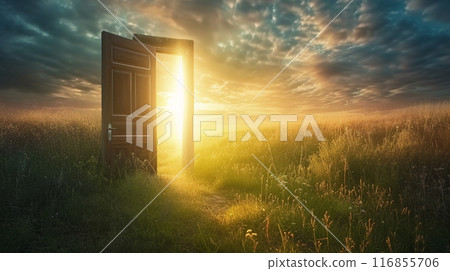 A Door In A Field With The Sun Shining Through It At Sunset 116855706