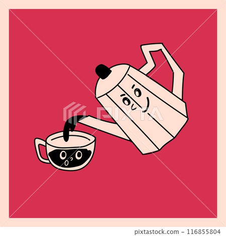 Coffee card. Pour drink from teapot. Hot caffeine beverage. Happy smile cartoon kitchen characters. Glass cup and kettle. Espresso mug. Cute utensil mascots. Breakfast tableware. Vector cafe poster 116855804