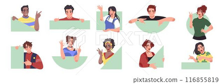 Happy persons show gestures. People with geometric shapes. Curious girl peeping from circle. Looking guy. Down finger advice. Man pointing out. Woman waving hand. Vector tidy gesturing characters set Happy persons show gestures. People with geometric shapes. Curious girl peeping from circle. Looking guy. Down finger advice. Man pointing out. Woman waving hand. Vector tidy gesturing characters set 116855819