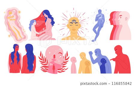 Self subconscious. Care mind. Inner health. Love yourself. Spiritual mental peace. Woman appearance. Stressed man. Wellbeing dream. Persons head. People mindfulness. Vector psychology concepts set Self subconscious. Care mind. Inner health. Love yourself. Spiritual mental peace. Woman appearance. Stressed man. Wellbeing dream. Persons head. People mindfulness. Vector psychology concepts set 116855842