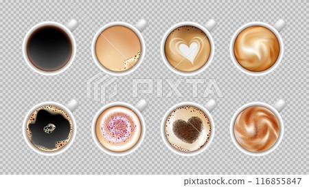 Coffee cup. Top view 3d isolated mugs. Hot aroma beverage with milk, espresso, black tea, cappuccino with heart foam decor. Realistic drink. Beverage menu icon on isolated background. Vector cafe 116855847