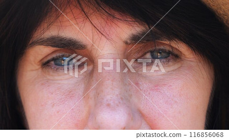 Close up to upset female face looking into camera with a disappointing sight. Upset facial expression of woman with black hair. Unhappy gaze of despairing adult lady. Slow mo Close up to upset female face looking into camera with a disappointing sight. Upset facial expression of woman with black hair. Unhappy gaze of despairing adult lady. Slow mo 116856068