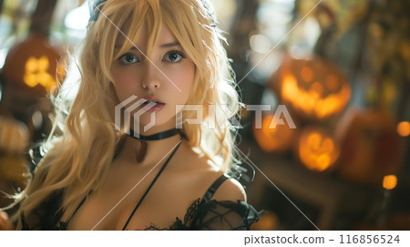 A Japanese woman dressed in cosplay at a Halloween party A Japanese woman dressed in cosplay at a Halloween party 116856524