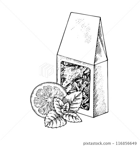 Loose leaf Tea packaging with additives. Vector hand drawn illustration. Bag of dried leaves sketch drawing. Black line art. Clipart with white background. Can be edited. For stickers, kitchen prints 116856649