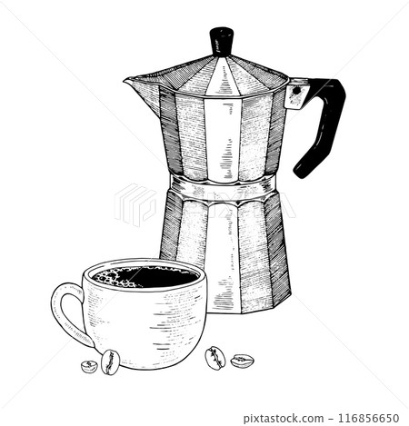 Coffee Cup and pot. Vector hand drawn illustration. Espresso in mug sketch drawing. Black line art. Clipart with white backgrounds. The composition can be changed. Drink in retro style for printing 116856650