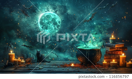 A mystical Halloween setup with a witch's cauldron A mystical Halloween setup with a witch's cauldron 116856797