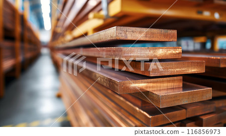 Beryllium copper flat bars stacked in rows on industrial shelving within production warehouse or storage facility 116856973
