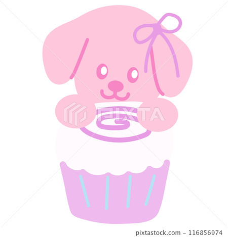 Cupcake with pink puppy for sweet dessert, cafe, restaurant, menu, recipe, baking, sticker, cartoon character, mascot, comic, plush toy, doll, brunch, birthday party, print, pet food, snack, vet 116856974