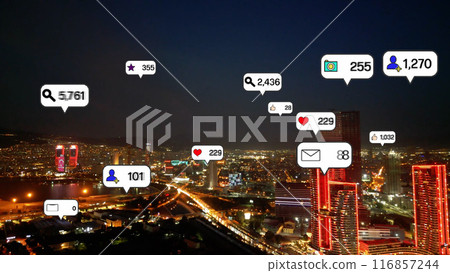 Social media and notification icons over the cities. social network concept. high quality 116857244