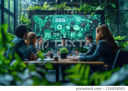 World leaders and diverse executives are seated around a conference table in modern meeting rooms, discussing the ESG (Environmental, Social, and Governance) model 116858081