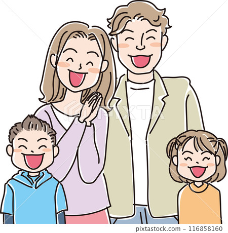 People illustration_Smiling people_Family of four_Elementary school students and boys_Parents in their 30s_Dad without a beard People illustration_Smiling people_Family of four_Elementary school students and boys_Parents in their 30s_Dad without a beard 116858160