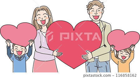 People illustration_Smiling people holding hearts_Family of four_Young parents and children_Dad no stubble version People illustration_Smiling people holding hearts_Family of four_Young parents and children_Dad no stubble version 116858162