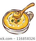 Pumpkin soup (pumpkin potage) and wooden spoon drawn with a fine brush, brush painting, Japanese style 116858326
