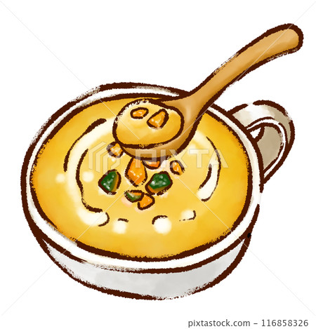 Pumpkin soup (pumpkin potage) and wooden spoon drawn with a fine brush, brush painting, Japanese style 116858326