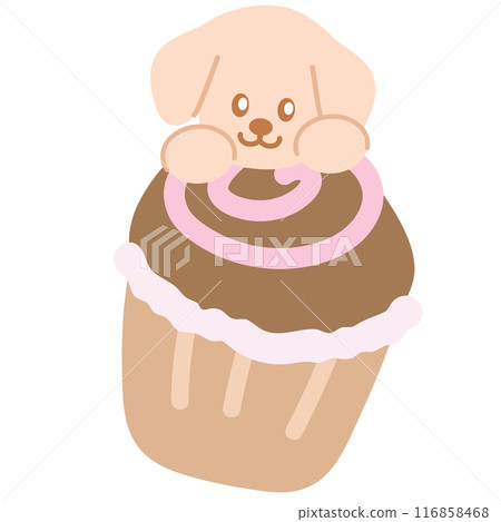Cupcake with puppy for dog food, sweet dessert, cafe, restaurant, menu, recipe, baking, sticker, cartoon character, mascot, plush toy, doll, brunch, birthday party, card, ads, print, pet shop 116858468