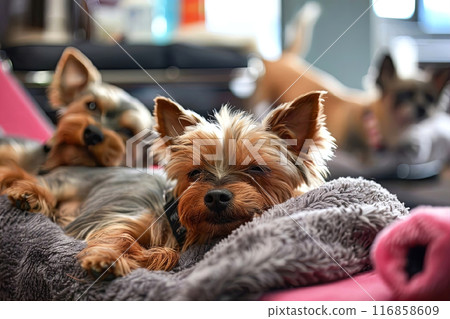Cuteness overload. This cozy photo of adorable Yorkies lounging will melt your heart. 116858609